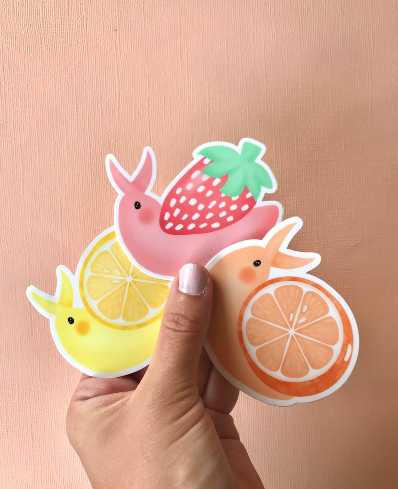 Fruit Snail Stickers/ Fruity Snail Sticker/ Strawberry snail/ orange lemon/ Laminated Waterproof Weatherproof UV resistant Vinyl Sticker image 3