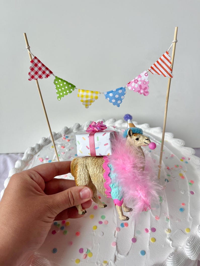 K&ouml;nnte beinhalten: Ein Lama-Kuchenaufsatz mit einer rosa Federboa, einer Partyh&uuml;tchen und einer Geschenkbox. Das Lama ist mit einer rosa und blauen Bord&uuml;re verziert. Ein farbenfrohes Banner ist &uuml;ber dem Lama aufgeh&auml;ngt. Der Kuchen ist mit Streuseln verziert.