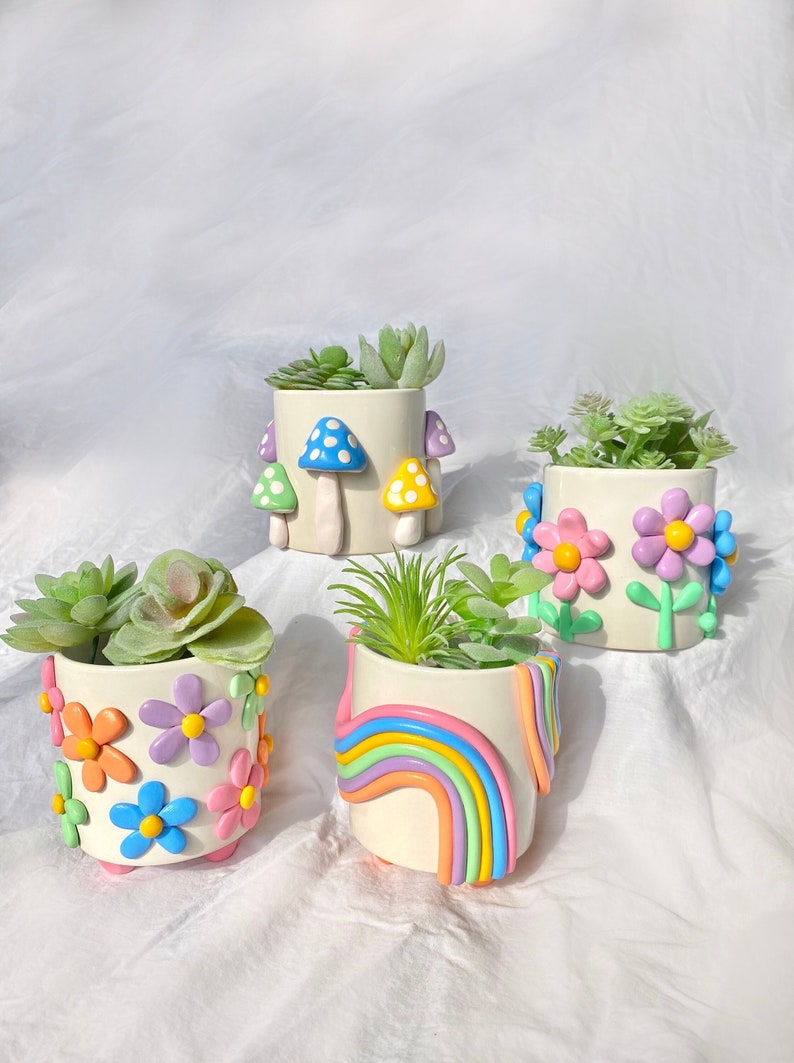 Retro eclectische kleurrijke plantenbakken/leuke keramische plantenbak/Rainbow Pot plantenbak/moderne keramische plantenbak/Boho home decor/plant Lady geschenken afbeelding 1