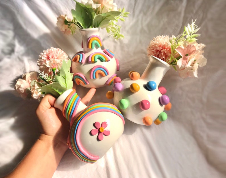 5 Tall Retro Eclectic Colorful Bud Vase/ Cute Ceramic Vase/ Rainbow Pot Planter/Modern ceramic vase/ pastel color ceramics/ Boho home decor image 3