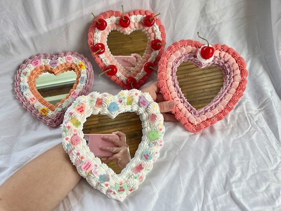 Heart Cake Mirror: Frosted Kawaii Decoden Decor With Faux Candies