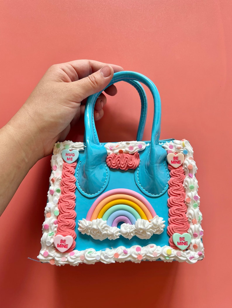 Rectangle Cake Purse/ Frosted Kawaii Purse/ Cute Cake Handbag/ Crossbody Bag/ Unique Fashion Bag/ Sprinkles Frosting Disco Cherry Bakery Bag Square Blue Bag