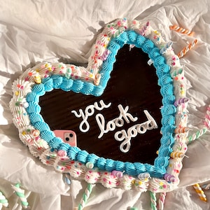 Disco Cherry Heart Cake Wall Mirror: Kawaii Faux Frosting Decor Blue Birthday