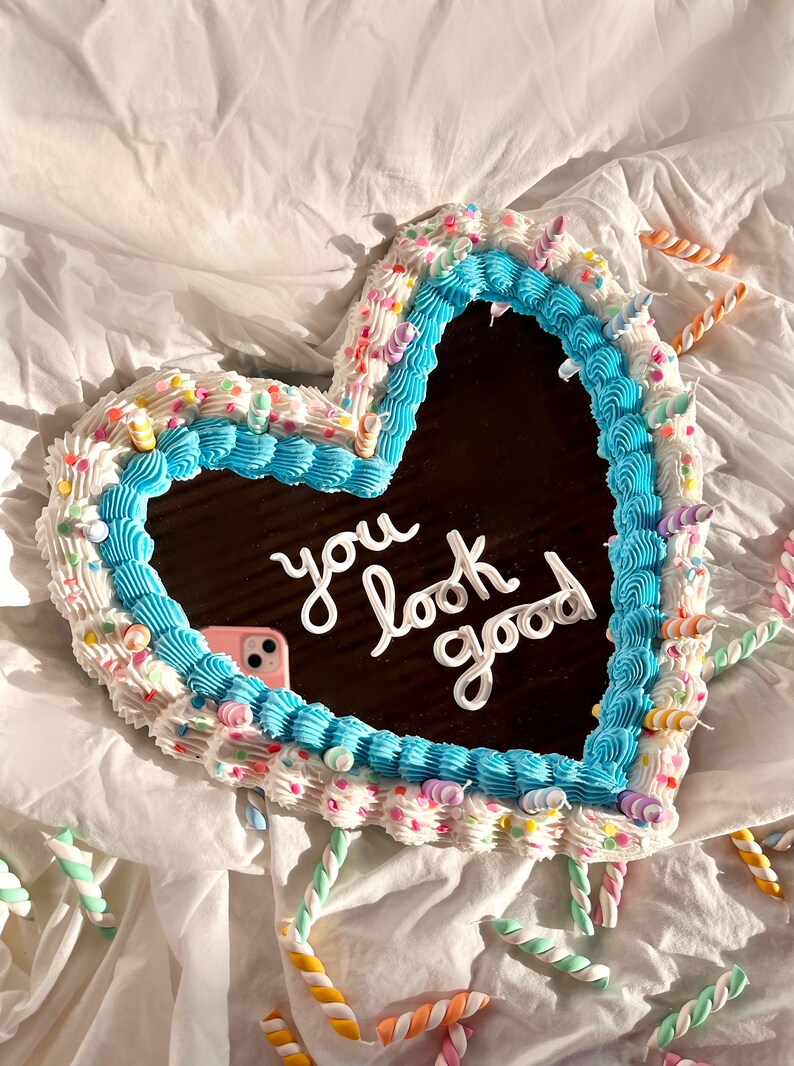 Disco Cherry Heart Cake Wall Mirror: Kawaii Faux Frosting Decor Blue Birthday