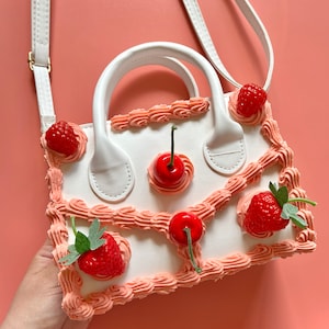 Rectangle Cake Purse/ Frosted Kawaii Purse/ Cute Cake Handbag/ Crossbody Bag/ Unique Fashion Bag/ Sprinkles Frosting Disco Cherry Bakery Bag White Bag Strawberry