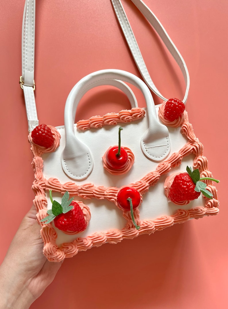 Rectangle Cake Purse/ Frosted Kawaii Purse/ Cute Cake Handbag/ Crossbody Bag/ Unique Fashion Bag/ Sprinkles Frosting Disco Cherry Bakery Bag White Bag Strawberry