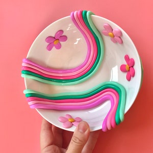 Retro Eclectic Decorative Bowls/ Ceramic Serving Bowl/ Rainbow Colorful Bowls/ Modern Pottery/ Boho Home Decor/ Colorful Dishes 7" pink and green