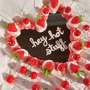 Disco Cherry Heart Cake Wall Mirror: Kawaii Faux Frosting Decor Hot Pink with Berry