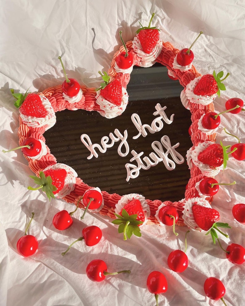 Disco Cherry Heart Cake Wall Mirror: Kawaii Faux Frosting Decor Hot Pink with Berry