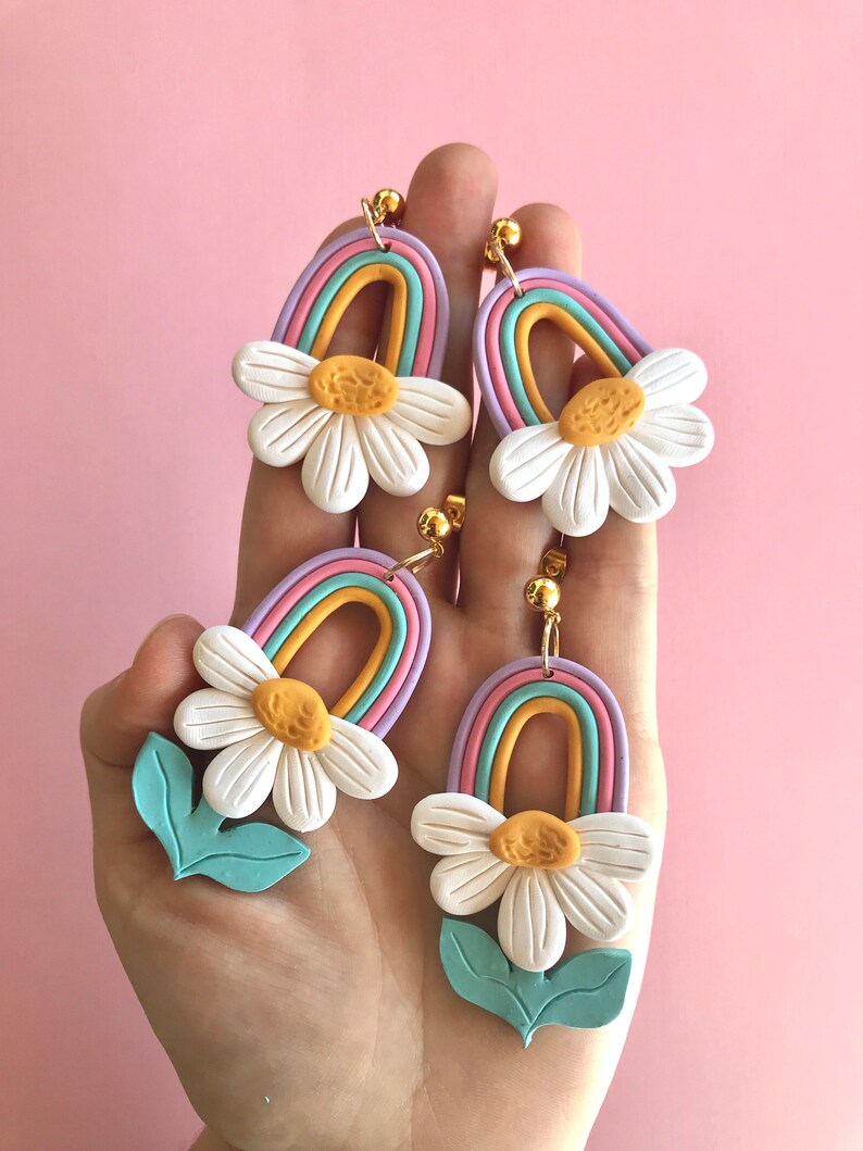 Rainbow Daisy Earrings/ Colorful Statement Earrings/ Modern Etsy