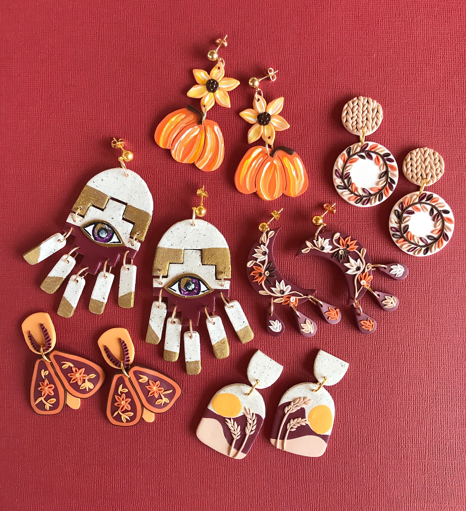 Floral Moon Earrings/ Maroon Moon Earrings/ Statement Etsy