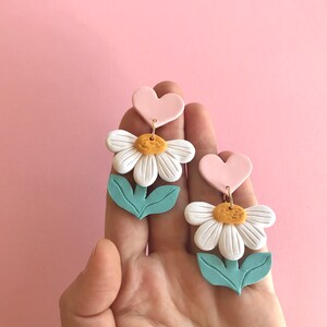 Heart Daisy Earrings/ Colorful Statement Earrings/ Modern Flower Earrings/ Pastel Earrings/ Fun Earrings/ Daisy Jewelry/ Clay Earrings image 2