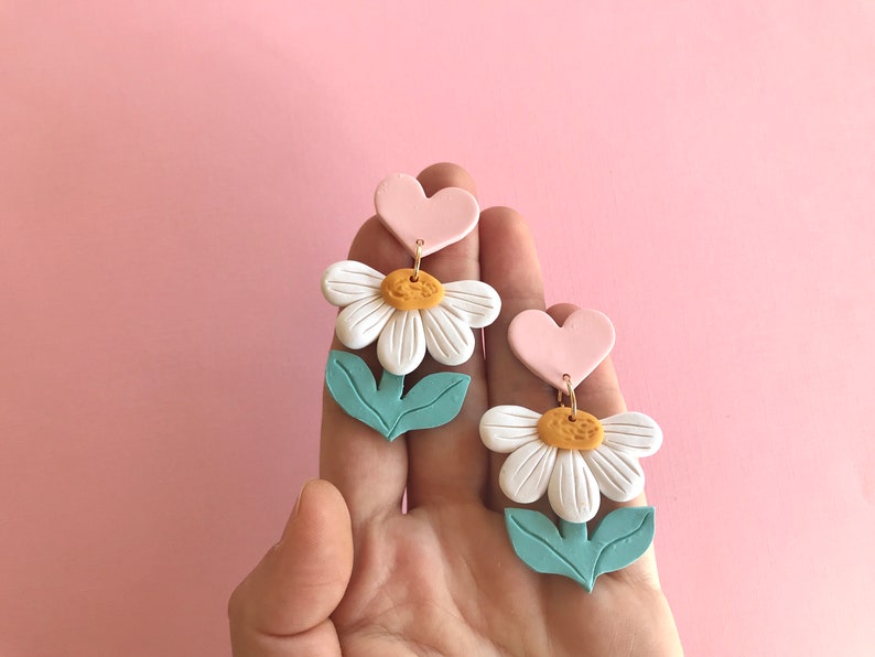 Heart Daisy Earrings/ Colorful Statement Earrings/ Modern Flower Earrings/ Pastel Earrings/ Fun Earrings/ Daisy Jewelry/ Clay Earrings image 2