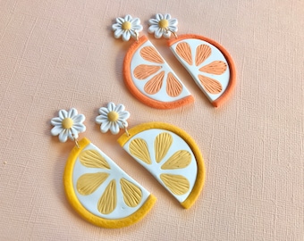 Lemon/ Orange Slice Daisy Earrings/ Summer Earrings/ Polymer Clay Earrings/ Citrus Jewelry/ Cute Summer Jewelry/ Tropical Earring