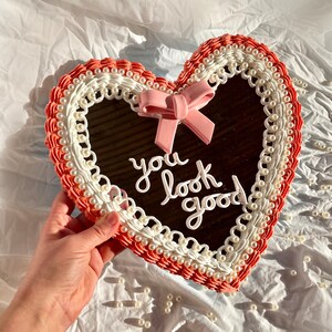 Disco Cherry Heart Cake Wall Mirror: Kawaii Faux Frosting Decor Coquette Pink Bow