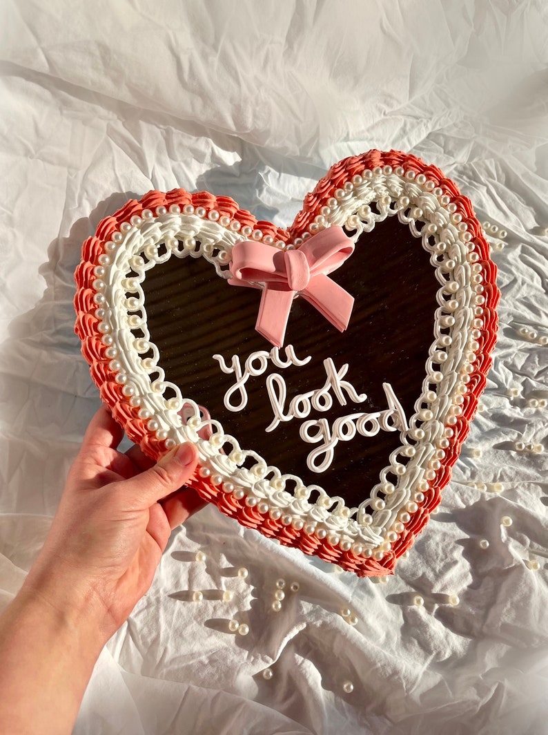 Disco Cherry Heart Cake Wall Mirror: Kawaii Faux Frosting Decor Coquette Pink Bow