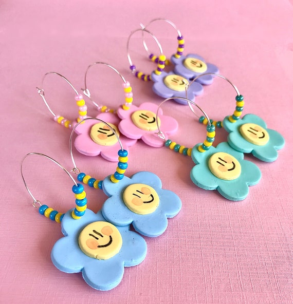 Smile Flower Pastel Hippie Earrings/ Pastel flower earrings/ | Etsy