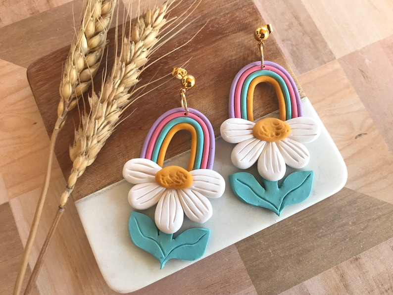 Rainbow Daisy Earrings/ Colorful Statement Earrings/ Modern Etsy