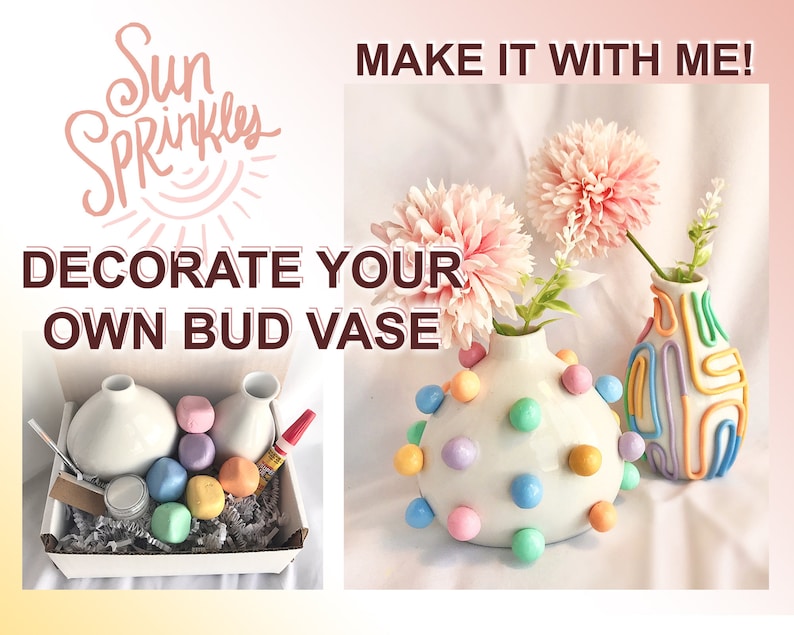 May include: A DIY kit to decorate your own bud vase. The kit includes two white ceramic vases, pastel colored clay balls, glue, and a small container of glitter. The image also shows two decorated vases, one with pastel colored clay balls and the other with pastel colored lines.