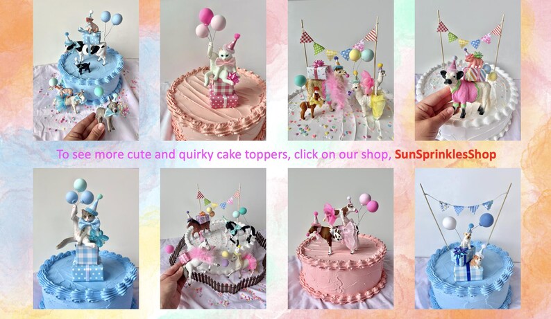 K&ouml;nnte beinhalten: Eine Collage von Tortenaufs&auml;tzen mit skurrilen Tierfiguren, Luftballons und festlichen Dekorationen. Kuchen sind mit blauer und rosa Glasur verziert. Text: Um weitere niedliche und skurrile Tortenaufs&auml;tze zu sehen, klicken Sie auf unseren Shop, SunSprinklesShop.