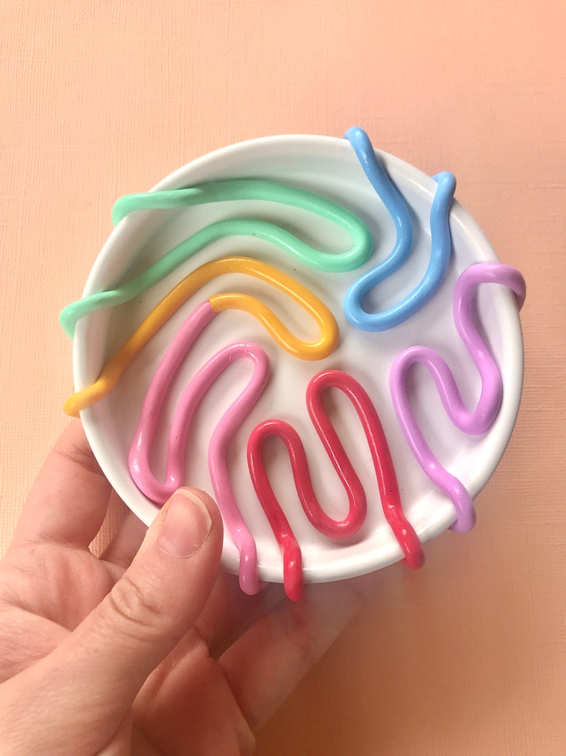 Colorful Trinket Dish/ Fun Jewelry Dish/ Boho Home Decor/ Handmade Ceramic Dish/ Rainbow dish/ mushroom plate/ cottagecore home/ ring dish image 3