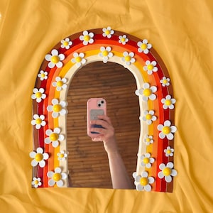 1970s Retro Neutral Orange Rainbow Daisy Mirror/ Groovy Wall Mirrored Decor/ Statement Mirror/ Dopamine Decor/ Sculptural Clay Mirror