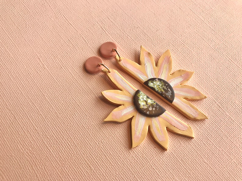 Split Sunflower Earrings/Eclectic Sunflower Earrings/ Statement Earrings, Artsy flower earrings, Modern hippie earrings, boho earring desert image 3