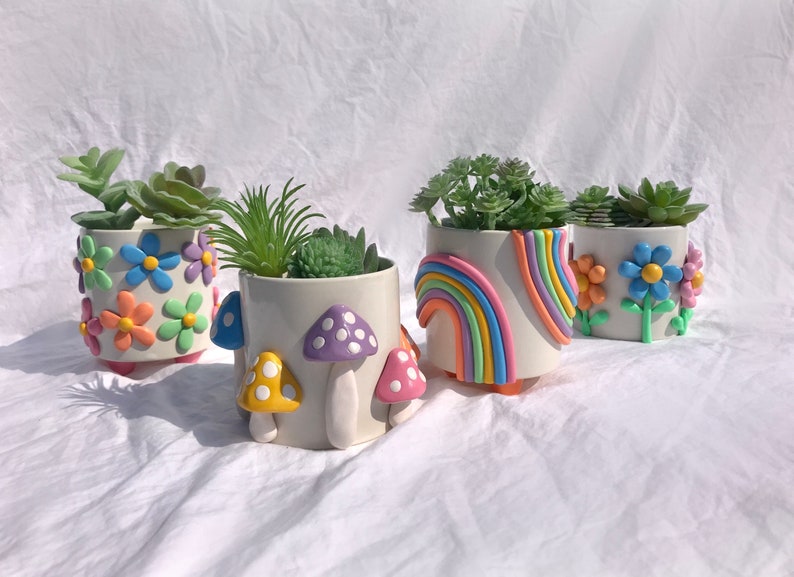 Retro eclectische kleurrijke plantenbakken/leuke keramische plantenbak/Rainbow Pot plantenbak/moderne keramische plantenbak/Boho home decor/plant Lady geschenken afbeelding 2