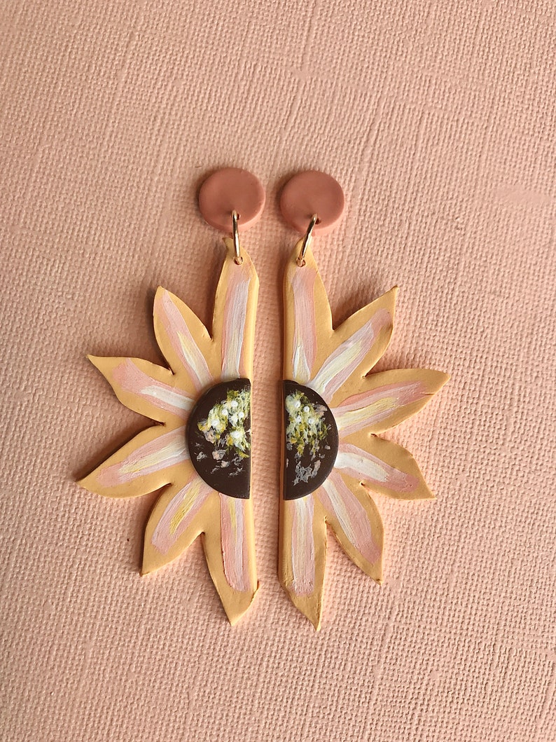 Split Sunflower Earrings/Eclectic Sunflower Earrings/ Statement Earrings, Artsy flower earrings, Modern hippie earrings, boho earring desert image 6