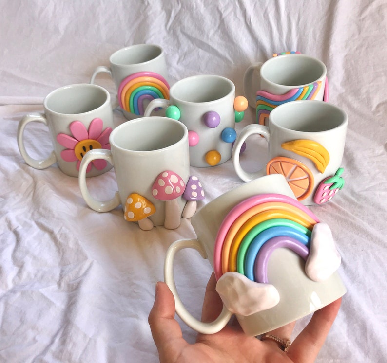 Colorful 3d Coffee Mug/ Handmade Ceramic Mug/ Rainbow Mug/ Modern happy coffee lover gift/ Mushroom Mug/ Cute Coffee Mugs/ Ceramic Mug 