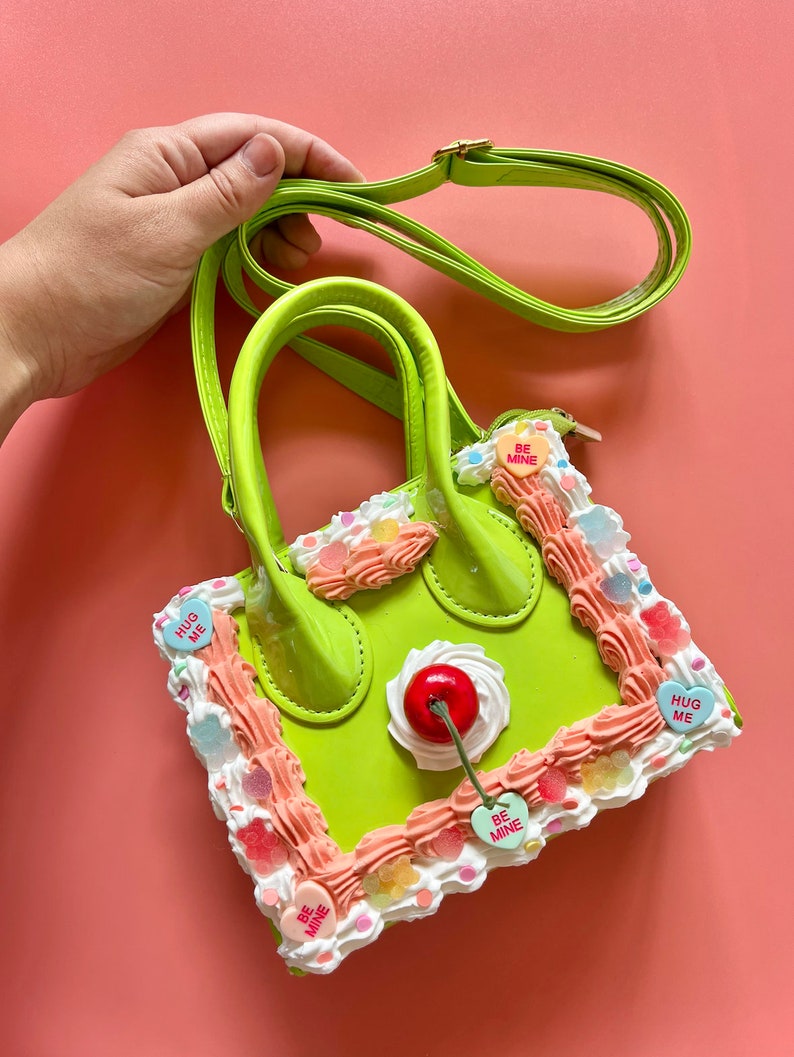 Rectangle Cake Purse/ Frosted Kawaii Purse/ Cute Cake Handbag/ Crossbody Bag/ Unique Fashion Bag/ Sprinkles Frosting Disco Cherry Bakery Bag Neon Green
