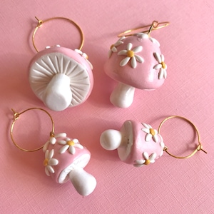 Retro Mushroom Earrings/ Cottagecore mushroom hoops/ Rainbow Flower Mushrooms/ Colorful fungi earrings/ cottacore jewelry/ statement earring image 3