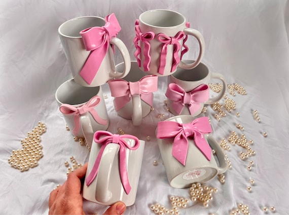 Coquette Pink Bow Mugs/ Cute Ceramic Mug/ Girly Pop Coffee Mug/ Bow Decor/ Modern ceramic cup/ coffee lover gift/ pink ribbons