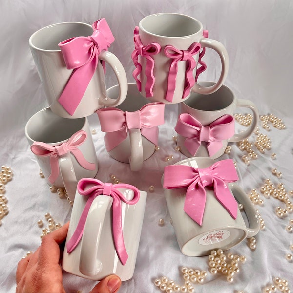 Coquette Pink Bow Mugs/ Cute Ceramic Mug/ Girly Pop Coffee Mug/ Bow Decor/ Modern ceramic cup/ coffee lover gift/ pink ribbons