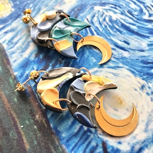 Starry Night Earrings/ Vincent Van Gogh Impressionism Earring/ Impasto Painting painted wearable art textured night sky moon paint earring