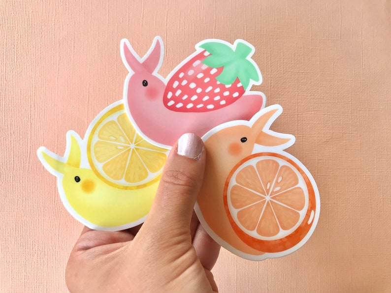 Fruit Snail Stickers/ Fruity Snail Sticker/ Strawberry snail/ orange lemon/ Laminated Waterproof Weatherproof UV resistant Vinyl Sticker image 1