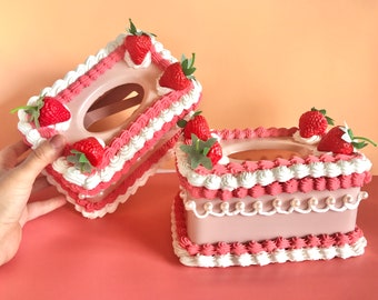 Handmade Faux Cake Tissue Box Cover: Pink Strawberry Cake Home Decor