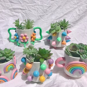 May include: Five colorful ceramic planters with succulents. Each planter has a different design: flowers, spikes, rainbows, and polka dots.