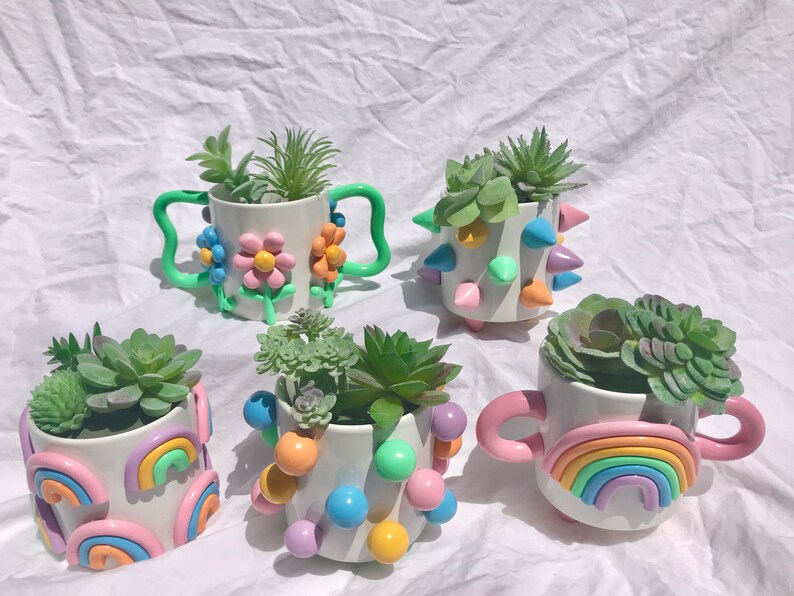 May include: Five colorful ceramic planters with succulents. Each planter has a different design: flowers, spikes, rainbows, and polka dots.