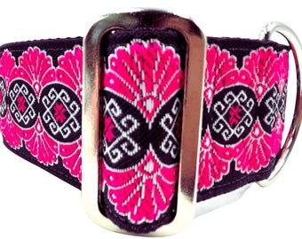 Magenta | Bright Pink on Black 2" Extra Wide Buckle or Martingale Dog Collar for Large or Giant Breed Dog  Satin Lined  Metal Buckle Avail.