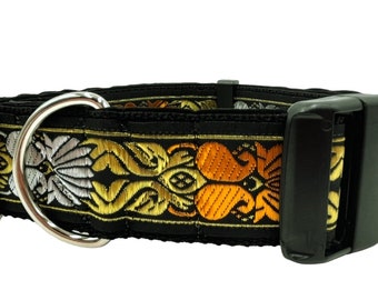 Flame | 1 1/2" Wide Martingale or Wide Buckle Dog Collar with Shades of Gold, Burnt Orange and White. Satin Lined. Metal Buckle Available