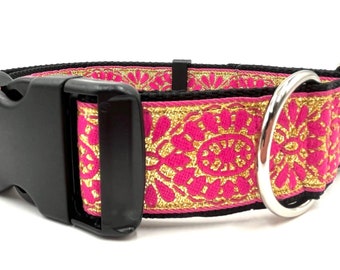 Glitz | Metallic Gold and Pink on Black,  1 1/2" Wide Buckle or Martingale  Dog Collar for Large Breed Dog. Satin Lined. Metal Buckle Avail.
