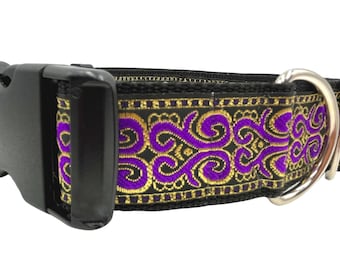 Guinevere | 1 1/2" Wide Buckle or Martingale Dog Collar for Large Breeds. Purple and Metallic Gold Tapestry Design. Metal Buckle Available