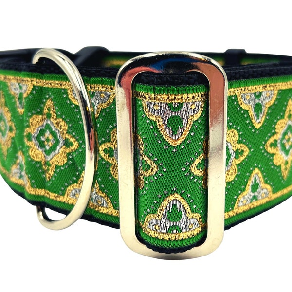 Shamrock | 2" Wide Fabric Martingale, Buckle Martingale  or Chain Martingale Dog Collar for Large or Giant Breed Dog. Satin Lined.