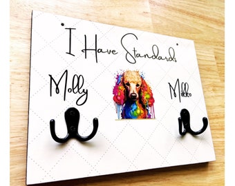 Double Leash Holder for Wall, 8" x 10.5" X 1/2", Standard Poodle Themed Design.  Personalized with your dogs' names. Great Dog Lover Gift