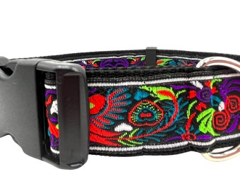 Peacock II | 1.5" Wide Martingale or Buckle Dog Collar for Large Breed Dogs. Satin Lined. Metal Buckle Available.