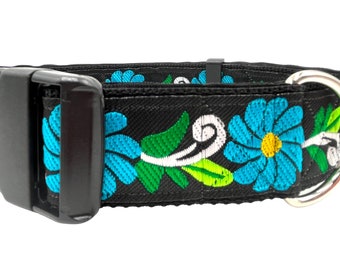 Moon Flower| Green, Aqua and Gold on Black, 1.5" Wide Martingale or Buckle Dog Collar for Large Breed Dogs. Satin Lined. Metal Buckle Avail.