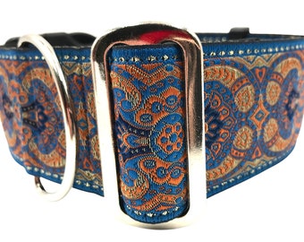 Tristan | Gorgeous Blue and Copper design |  2" Extra Wide Regular or Metal Buckle Dog Collar for Large and Giant Breed Dogs