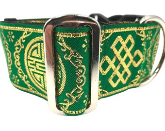 Lotus Green | Green and Metallic Gold 2 Inch Extra Wide Regular or Metal Buckle Dog Collar for Large and Giant Breed Dogs.