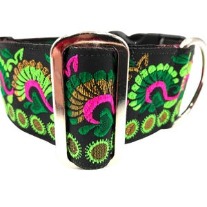 Swan Song | Green, Pink, Gold and Black  2" Extra Wide Regular or Metal Buckle Dog Collar for Large or Giant Breed Dog. .